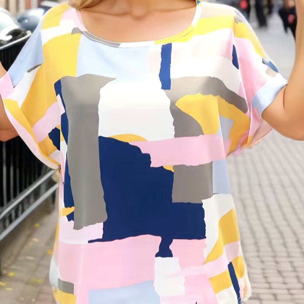 Pink Blouse Short Sleeves Geometric Pink Women’s Plus Size XXL